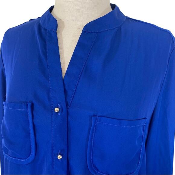 NY Collection blue crepe blouse women’s oversize small loose fit button up top - Picture 2 of 7